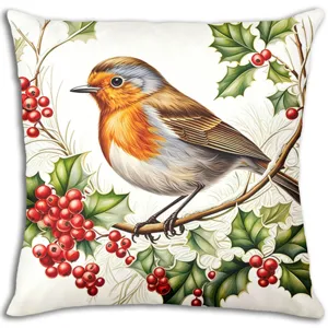 Close-up detail of Christmas bird and red berry print linen cushion cover, festive home decor.