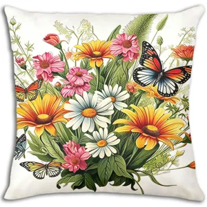 Spring floral pillow cover with colorful butterfly illustration, decorative sofa cushion case for home.
