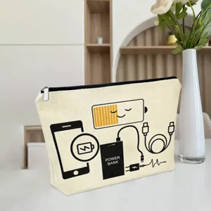 Detail shot of canvas storage pouch featuring cute power bank cartoon pattern zipper design.