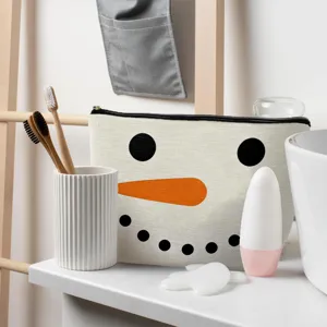 Bolsa de maquillaje de lino con estampado de muñeco de nieve navideño, neceser grande.
