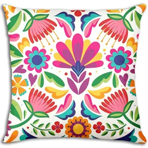Detail shot of the colorful Mexican style floral throw pillow cover showing vibrant print.
