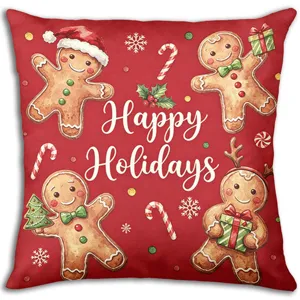 Christmas Gingerbread Man Throw Pillow Cover Red Linen Holiday Sofa Cushion Decor