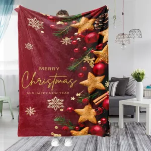 Kerst flanellen deken met sterren en dennentakken print, zachte woondeken voor de bank.