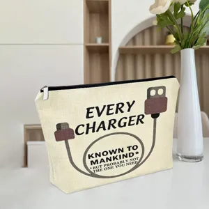 Canvas zipper storage bag featuring funny charger graphic text, ideal for digital accessories.