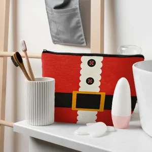 Bolsa de maquillaje de lino estampada con temática de Papá Noel de gran capacidad con cremallera