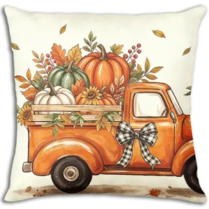 Dettaglio federa cuscino Ringraziamento autunno, camion arancione vintage zucca acquerello.