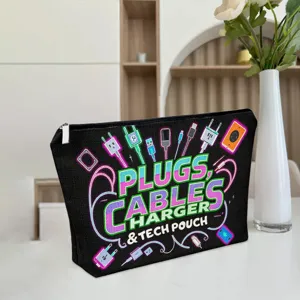 Black canvas tech pouch, portable zipper storage bag for data cables, chargers, and small accessories.