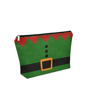 Bolsita de maquillaje de lino con estampado de duende navideño, bonita gran capacidad.