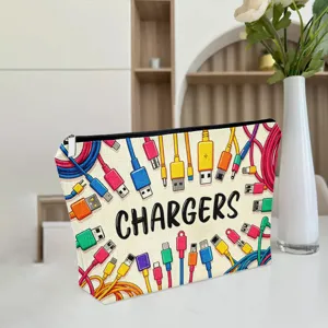 Canvas charger cable storage makeup bag portable zipper pouch for digital accessories detail