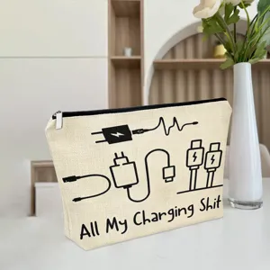 Canvas tech organizer pouch with charging icons zipper portable digital storage bag for cables