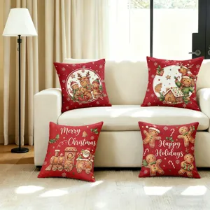 Christmas Gingerbread Man Elk Decorative Throw Pillow Case Red Festive Linen Cushion Cover For Sofa Home Bed Living Room Decor