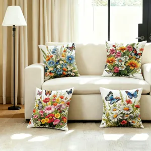 Spring floral throw pillow covers set of 4, decorative linen cushion cases for sofa living room