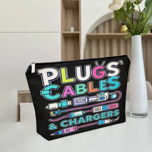 Canvas cable organizer pouch close-up showing colorful typography and cute electronic patterns.