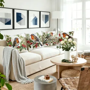 Christmas robin bird linen pillow covers festive red berry sofa cushion decorative case