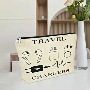 Detail view of canvas travel charger and cable organizer pouch with digital icons.
