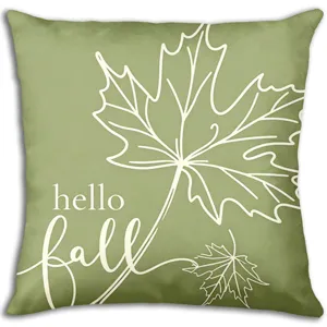 Fodera per cuscino autunnale con foglie d'acero bianche e scritta hello fall decorativa.
