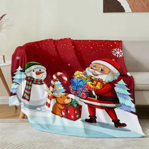 Gezellige kerst cartoon geprinte flanellen deken, zachte banksprei voor koude winterdagen thuis.