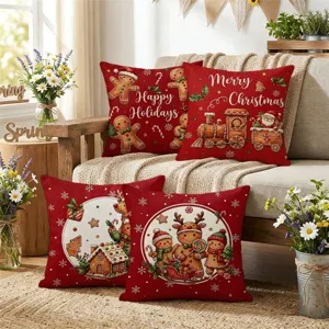 Red Christmas gingerbread man linen pillow cover festive sofa cushion home decor 4pcs