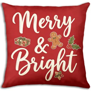 Christmas throw pillow cover with cute gingerbread man and festive red holiday print design for sofa.