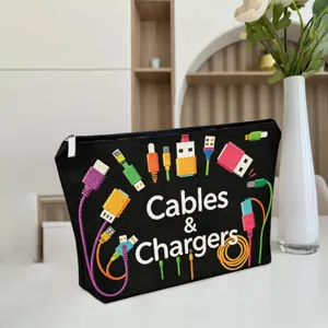 Portable canvas cable organizer pouch with cute pixel charger pattern for digital items.