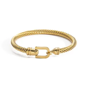 Gold Twisted Cable Bangle Bracelet with U-Shaped Horseshoe Clasp Luxury Stainless Steel