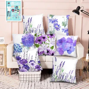 Housse de Coussin Imprimé Floral Lavande Style Nordique Housse de Coussin en Lin Sans Noyau Décoration de Canapé de Lit