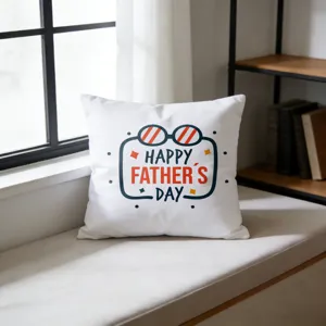 Detailed view of a white cotton cushion cover featuring a cheerful Father's Day print.