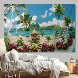 Tropical beach landscape tapestry wall hanging, digital print oil painting style decor.