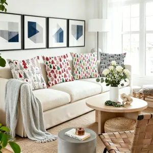 Cozy Christmas tree patterned pillowcases displayed nicely in warm living room sofa home scene setup.