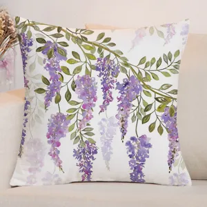 Vue détaillée de la housse de coussin style nordique motif glycine florale pour canapé.