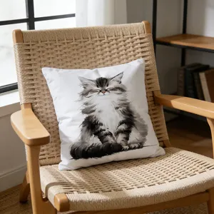 Detail view of a cozy white throw pillow featuring a cute fluffy cat ink illustration on chair.