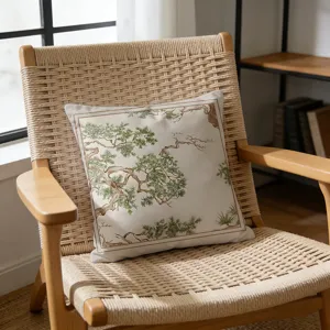 Decorative retro pine tree plant pattern pillowcase detail, soft cushion cover for living room.