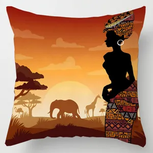 African tribal throw pillow cover with ethnic woman silhouette and sunset wildlife geometric print.