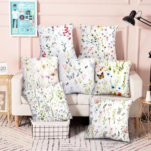 Fundas de cojín bohemias con flores, cubiertas de almohada botánicas de acuarela.