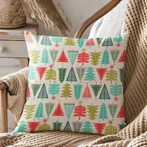 Cozy Christmas tree pattern cushion cover detail in warm home setting, festive decor.