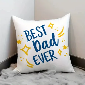 Detailed close up view of white father day throw pillow cover featuring blue text and stars.