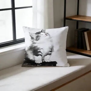 Watercolor cat pattern cushion detail showcasing soft fabric and artistic design.