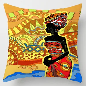 African ethnic tribal pillow cover with geometric art design, black woman print, no insert.