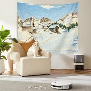 Snow mountain landscape tapestry wall hanging detailed view for cozy home decor aesthetics.