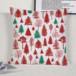 Detail view of Christmas tree pattern cushion cover, festive red and green winter holiday home decor.