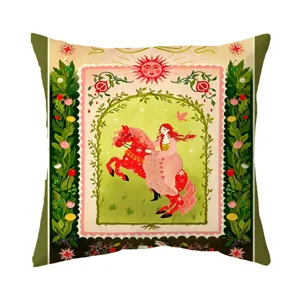 Bohemian retro floral linen throw pillow case with vintage folk art horse illustration.