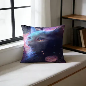 Close-up detail of a decorative square throw pillow featuring a mystical glowing cat design.