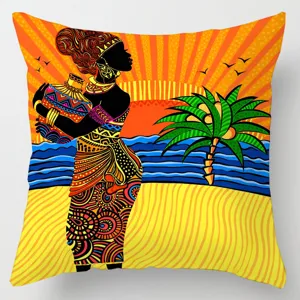 African tribal ethnic style throw pillow cover featuring vibrant geometric print, sofa.