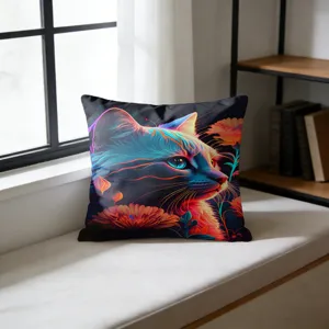 Close-up view of a vibrant neon cat decorative throw pillow placed on a cozy window bench scene.