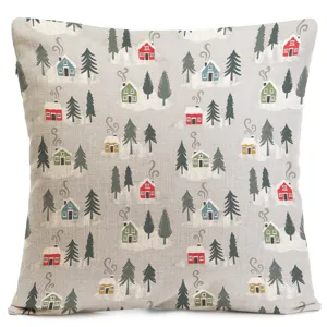Close-up detail of Christmas winter cabin pattern pillow cover, textured linen fabric, cozy design.