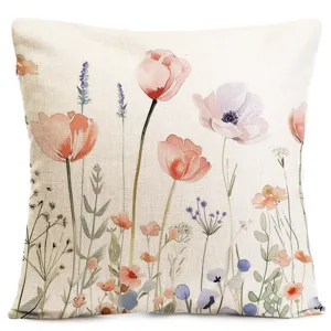 Watercolor wildflower throw pillow cover, pastoral floral linen cushion for sofa bed decor.