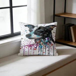 Close-up detail of the artistic watercolor dog print throw pillow, showcasing fine fabric texture.