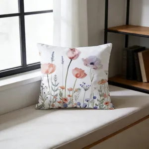 Watercolor wildflower throw pillow cover detail view, pastoral floral cushion for sofa decor.