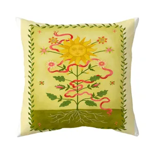 Vintage bohemian sun plant print linen pillowcase, artistic retro flower cushion cover.