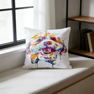 Watercolor dog print cushion detail showing vibrant artistic pet illustration on soft fabric.
